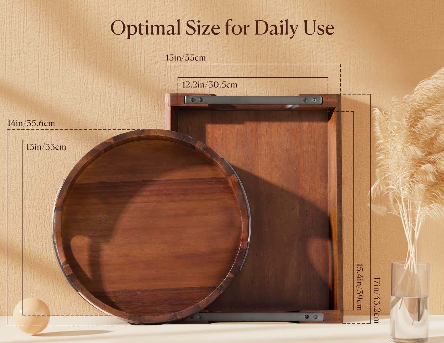 Dofira Acacia Wood Serving Tray with Metal Handles, 17x13in Food Drinks Tray for Coffee Table, Breakfast, Dinner & Bar, Rustic Decorative Storage Tray for Ottoman, Kitchen, Bedroom Gift Packaging - CookCave