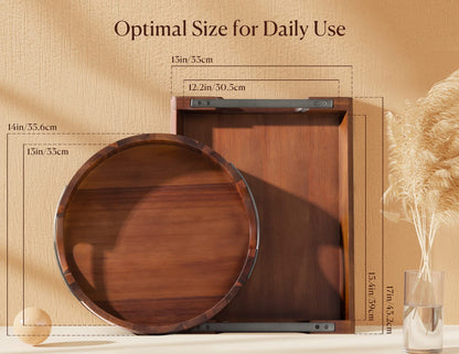 Dofira Acacia Wood Serving Tray with Metal Handles, 17x13in Food Drinks Tray for Coffee Table, Breakfast, Dinner & Bar, Rustic Decorative Storage Tray for Ottoman, Kitchen, Bedroom Gift Packaging - CookCave