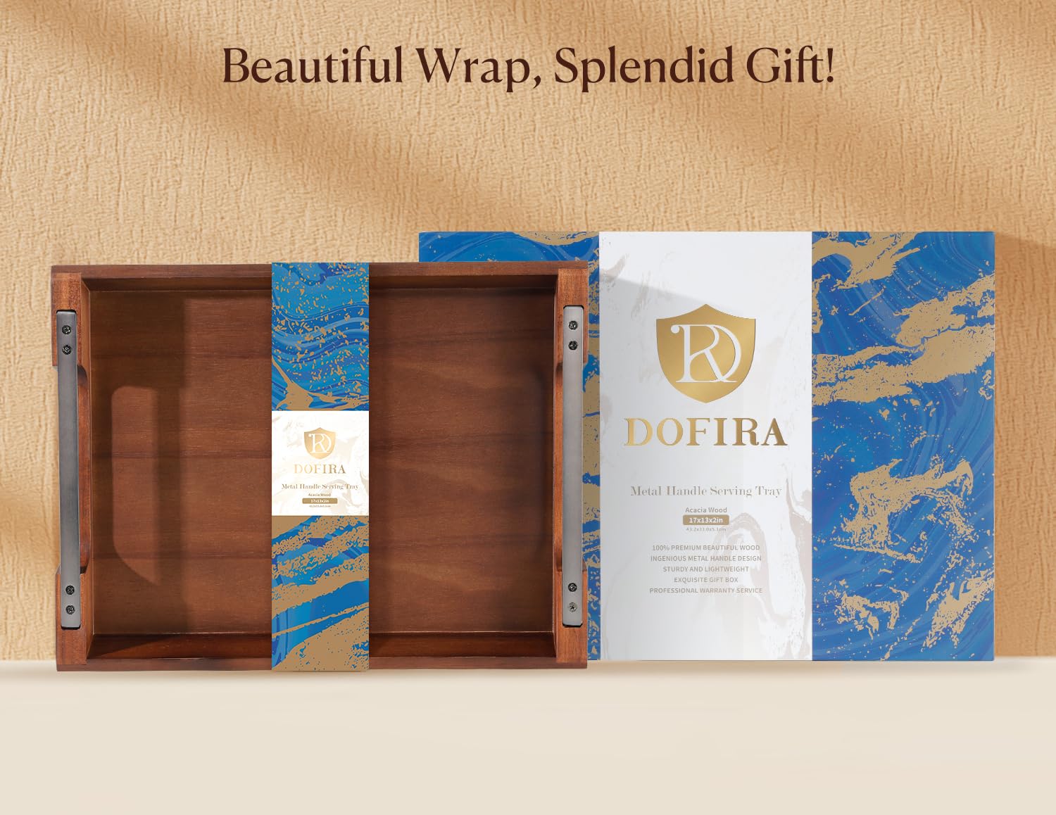 Dofira Acacia Wood Serving Tray with Metal Handles, 17x13in Food Drinks Tray for Coffee Table, Breakfast, Dinner & Bar, Rustic Decorative Storage Tray for Ottoman, Kitchen, Bedroom Gift Packaging - CookCave