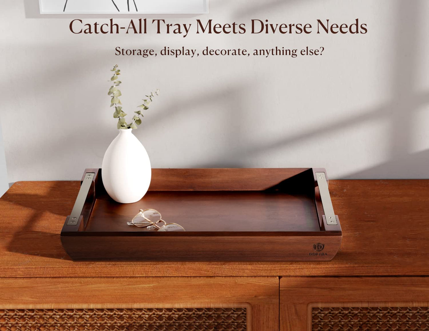 Dofira Acacia Wood Serving Tray with Metal Handles, 17x13in Food Drinks Tray for Coffee Table, Breakfast, Dinner & Bar, Rustic Decorative Storage Tray for Ottoman, Kitchen, Bedroom Gift Packaging - CookCave