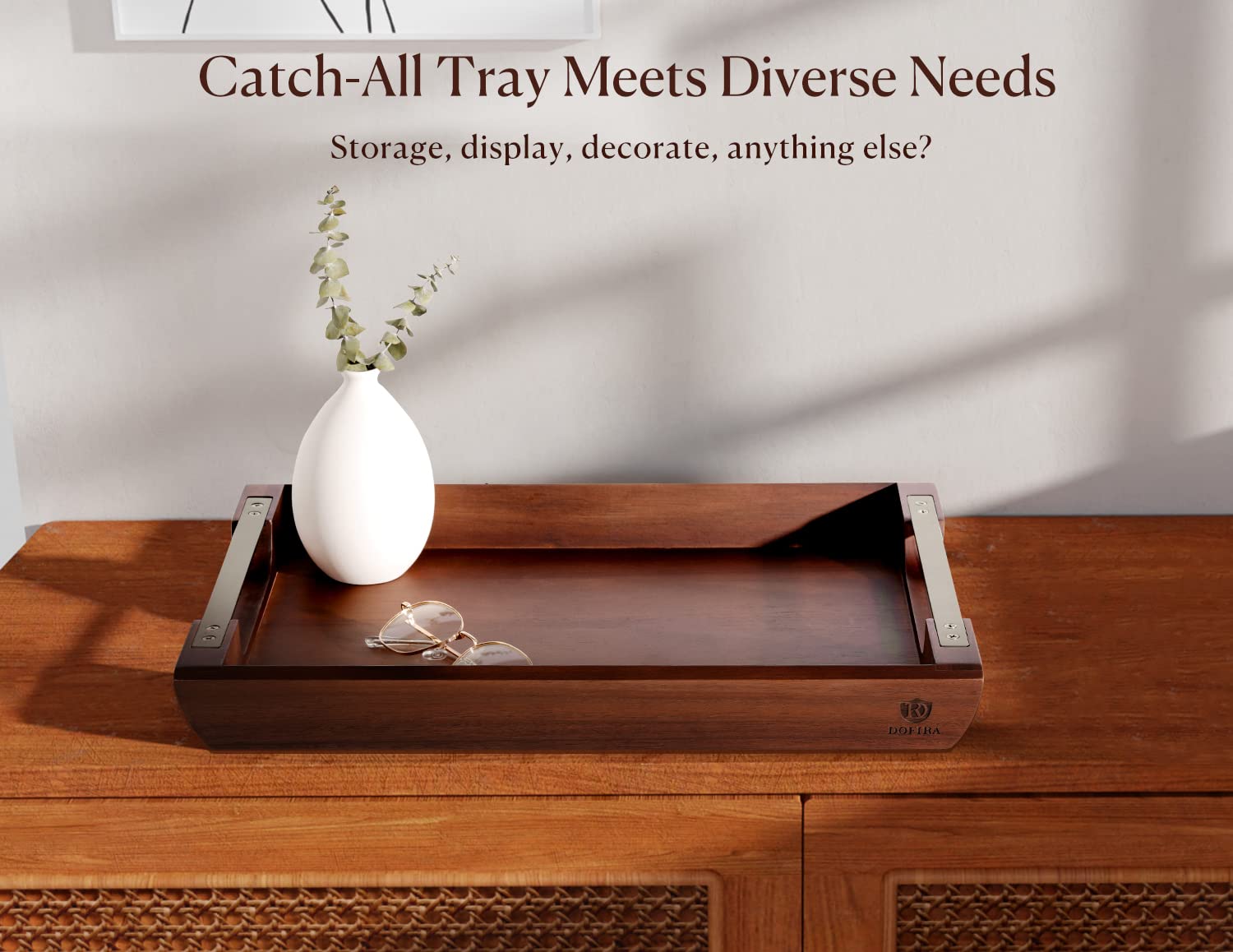 Dofira Acacia Wood Serving Tray with Metal Handles, 17x13in Food Drinks Tray for Coffee Table, Breakfast, Dinner & Bar, Rustic Decorative Storage Tray for Ottoman, Kitchen, Bedroom Gift Packaging - CookCave