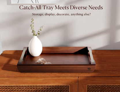 Dofira Acacia Wood Serving Tray with Metal Handles, 17x13in Food Drinks Tray for Coffee Table, Breakfast, Dinner & Bar, Rustic Decorative Storage Tray for Ottoman, Kitchen, Bedroom Gift Packaging - CookCave