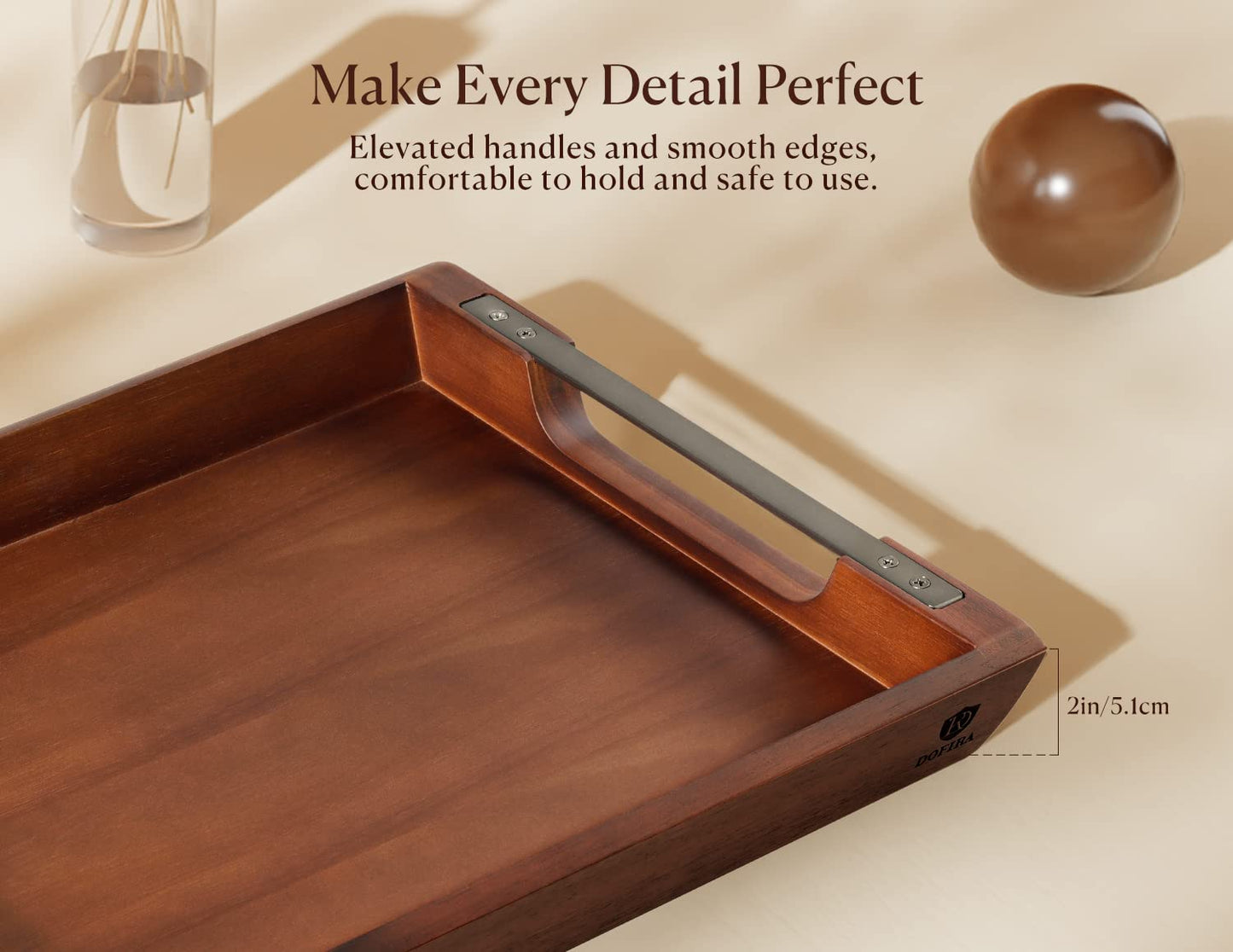 Dofira Acacia Wood Serving Tray with Metal Handles, 17x13in Food Drinks Tray for Coffee Table, Breakfast, Dinner & Bar, Rustic Decorative Storage Tray for Ottoman, Kitchen, Bedroom Gift Packaging - CookCave