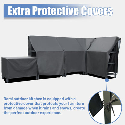 Domi 5-Piece Outdoor Kitchen Island with Storage, Aluminum Kitchen Islands Stainless Steel Sink w/Faucet, Corner Bar Storage Cabinet, Outdoor Kitchen with Protective Cover for Deck, Patio - CookCave