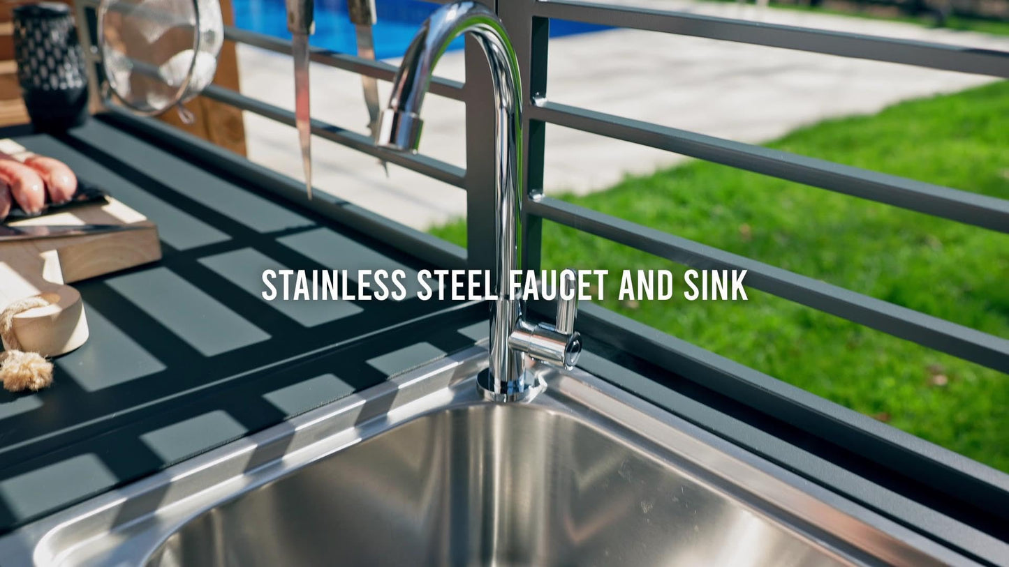 Domi 5-Piece Outdoor Kitchen Island with Storage, Aluminum Kitchen Islands Stainless Steel Sink w/Faucet, Corner Bar Storage Cabinet, Outdoor Kitchen with Protective Cover for Deck, Patio - CookCave