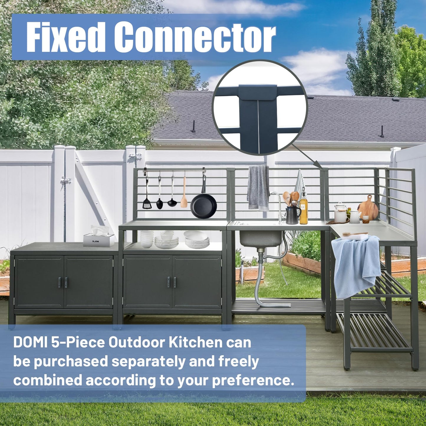 Domi 5-Piece Outdoor Kitchen Island with Storage, Aluminum Kitchen Islands Stainless Steel Sink w/Faucet, Corner Bar Storage Cabinet, Outdoor Kitchen with Protective Cover for Deck, Patio - CookCave