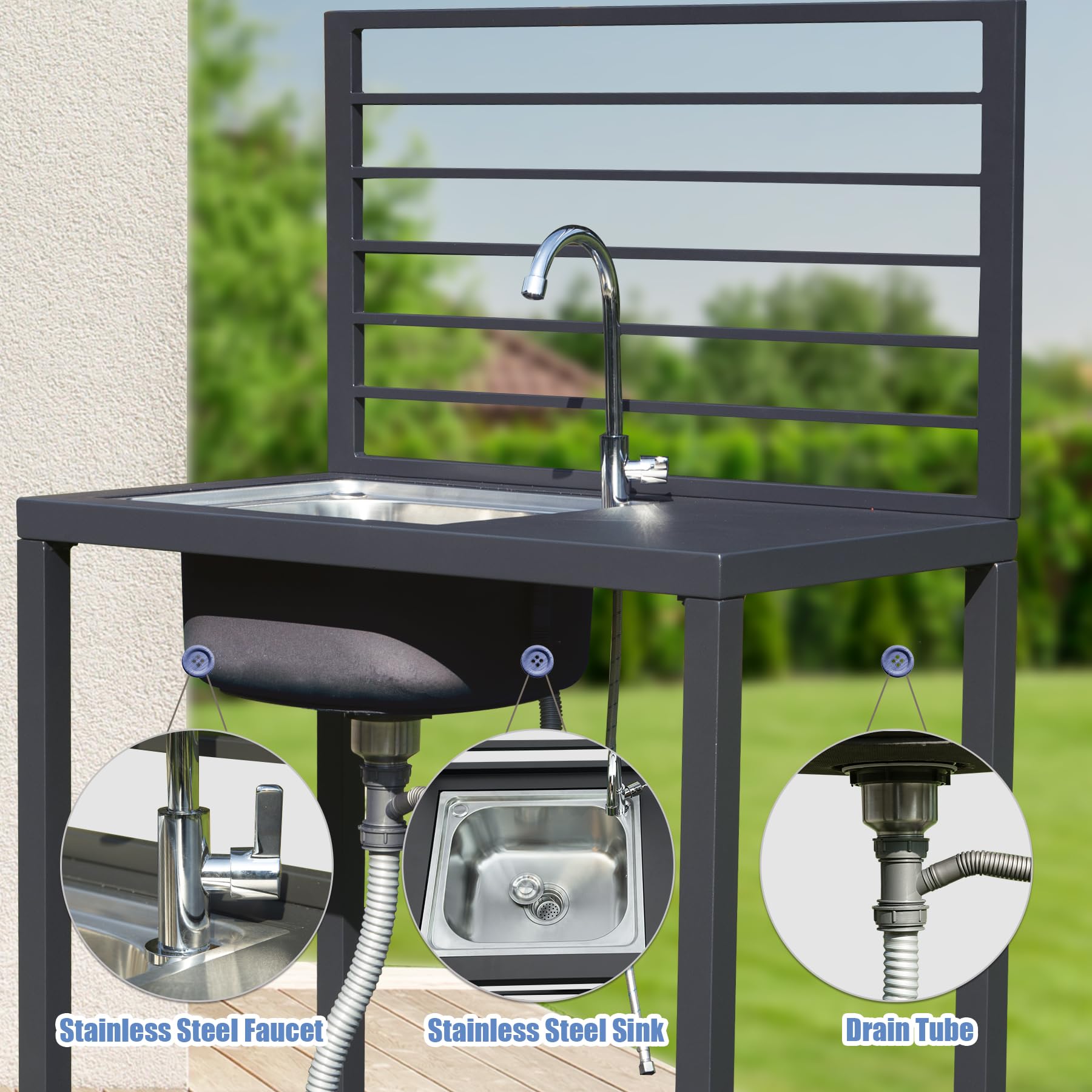 Domi 5-Piece Outdoor Kitchen Island with Storage, Aluminum Kitchen Islands Stainless Steel Sink w/Faucet, Corner Bar Storage Cabinet, Outdoor Kitchen with Protective Cover for Deck, Patio - CookCave