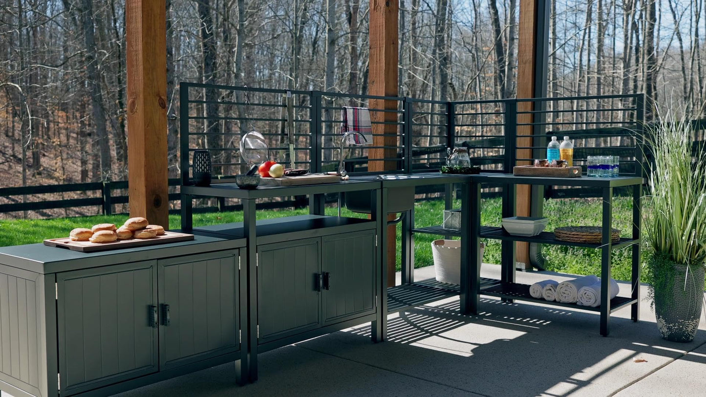 Domi 5-Piece Outdoor Kitchen Island with Storage, Aluminum Kitchen Islands Stainless Steel Sink w/Faucet, Corner Bar Storage Cabinet, Outdoor Kitchen with Protective Cover for Deck, Patio - CookCave