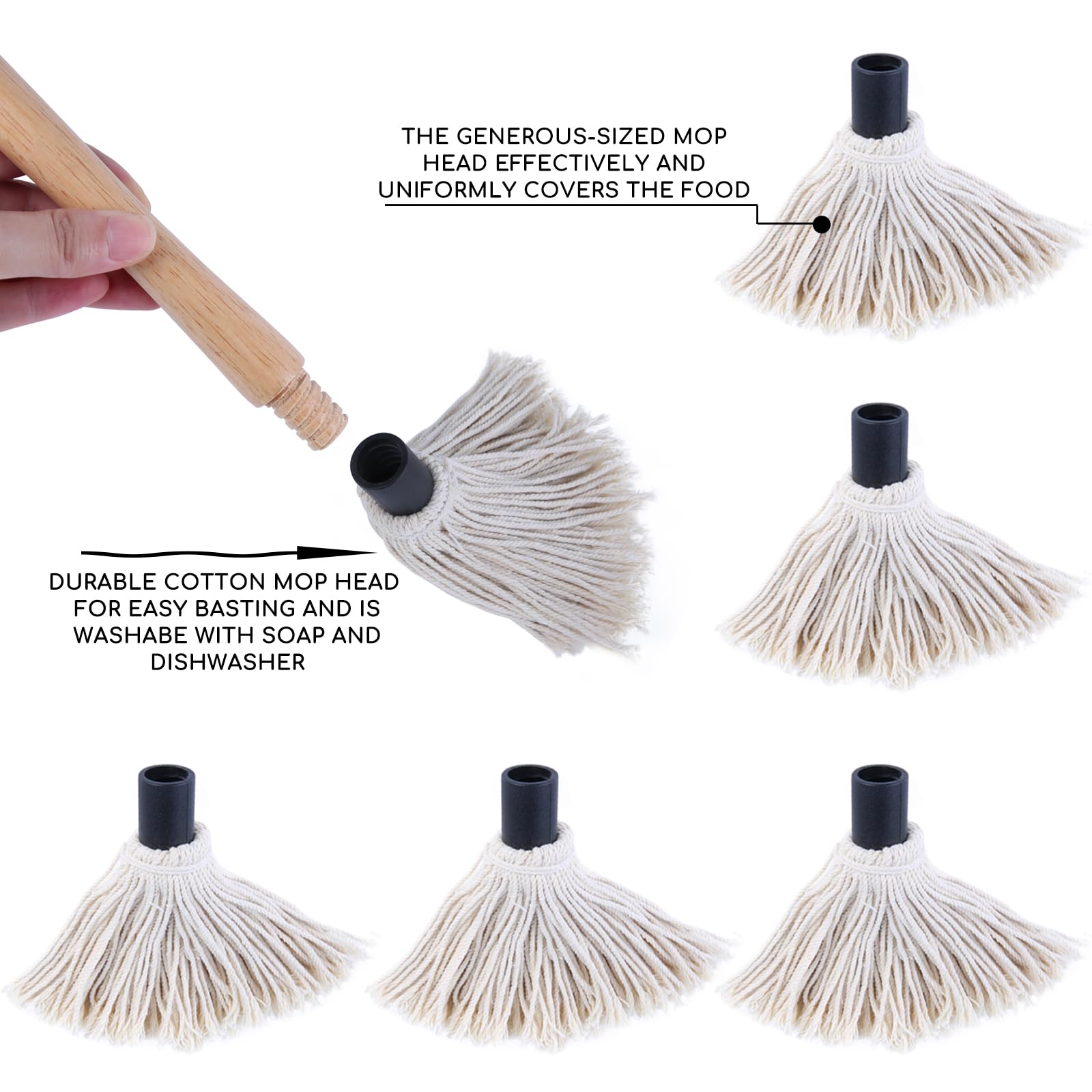 Donxote 18 Inch BBQ Mop Brush Set of 2, with 6 Extra Replacement Heads, Wooden Long Handle Cotton Head Mopping Basting Grill Sauce Perfect for Grilling Smoking Steak Marinade or Glazing - CookCave