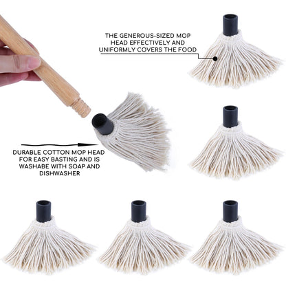 Donxote 18 Inch BBQ Mop Brush Set of 2, with 6 Extra Replacement Heads, Wooden Long Handle Cotton Head Mopping Basting Grill Sauce Perfect for Grilling Smoking Steak Marinade or Glazing - CookCave