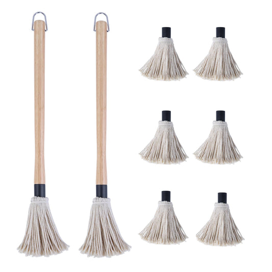 Donxote 18 Inch BBQ Mop Brush Set of 2, with 6 Extra Replacement Heads, Wooden Long Handle Cotton Head Mopping Basting Grill Sauce Perfect for Grilling Smoking Steak Marinade or Glazing - CookCave