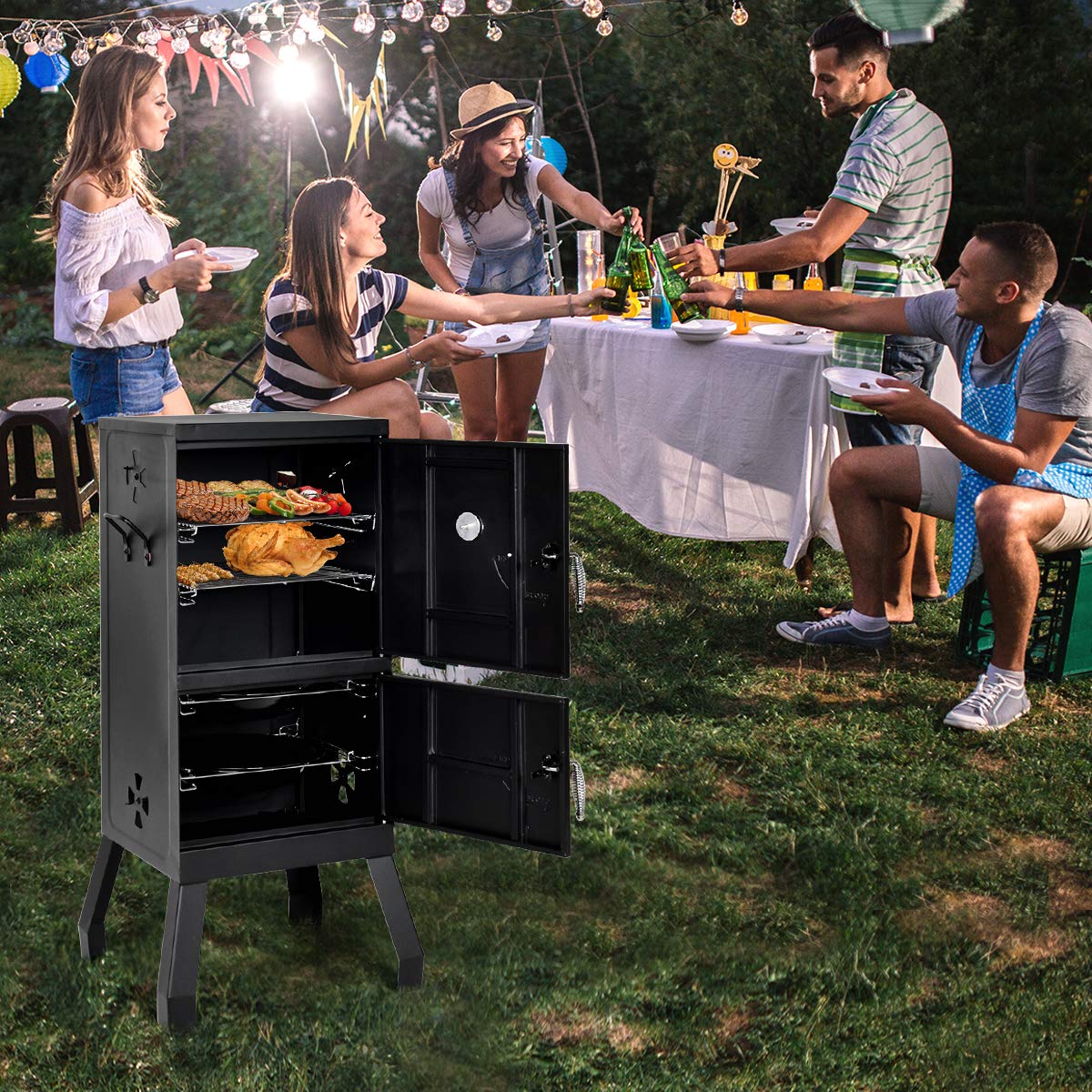 DORTALA Vertical Charcoal Smoker, Outdoors Charcoal Barbeque, Smoked Carbon Oven, Iron Structure, w/Two Chrome-plated Nets, Two Charcoal Pots, Suitable for Lawn Picnic, Backyard BBQ (Black) - CookCave