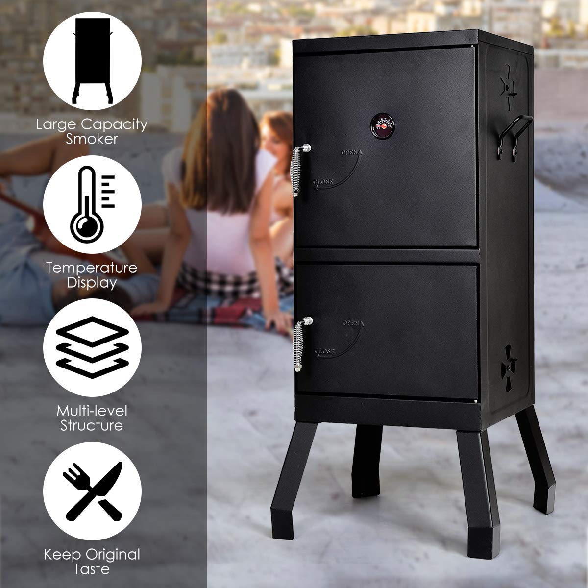 DORTALA Vertical Charcoal Smoker, Outdoors Charcoal Barbeque, Smoked Carbon Oven, Iron Structure, w/Two Chrome-plated Nets, Two Charcoal Pots, Suitable for Lawn Picnic, Backyard BBQ (Black) - CookCave