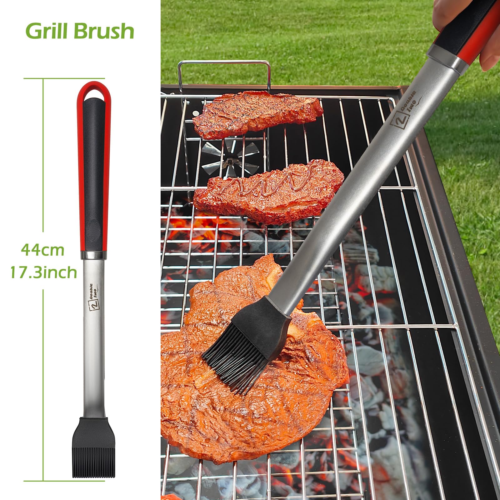 Double Two 4-Piece Stainless Steel BBQ Tool Set - Tong, Fork, Spatula, Brush - Utensils for Grill - Tools for Outdoor Grilling- BBQ Kits - CookCave