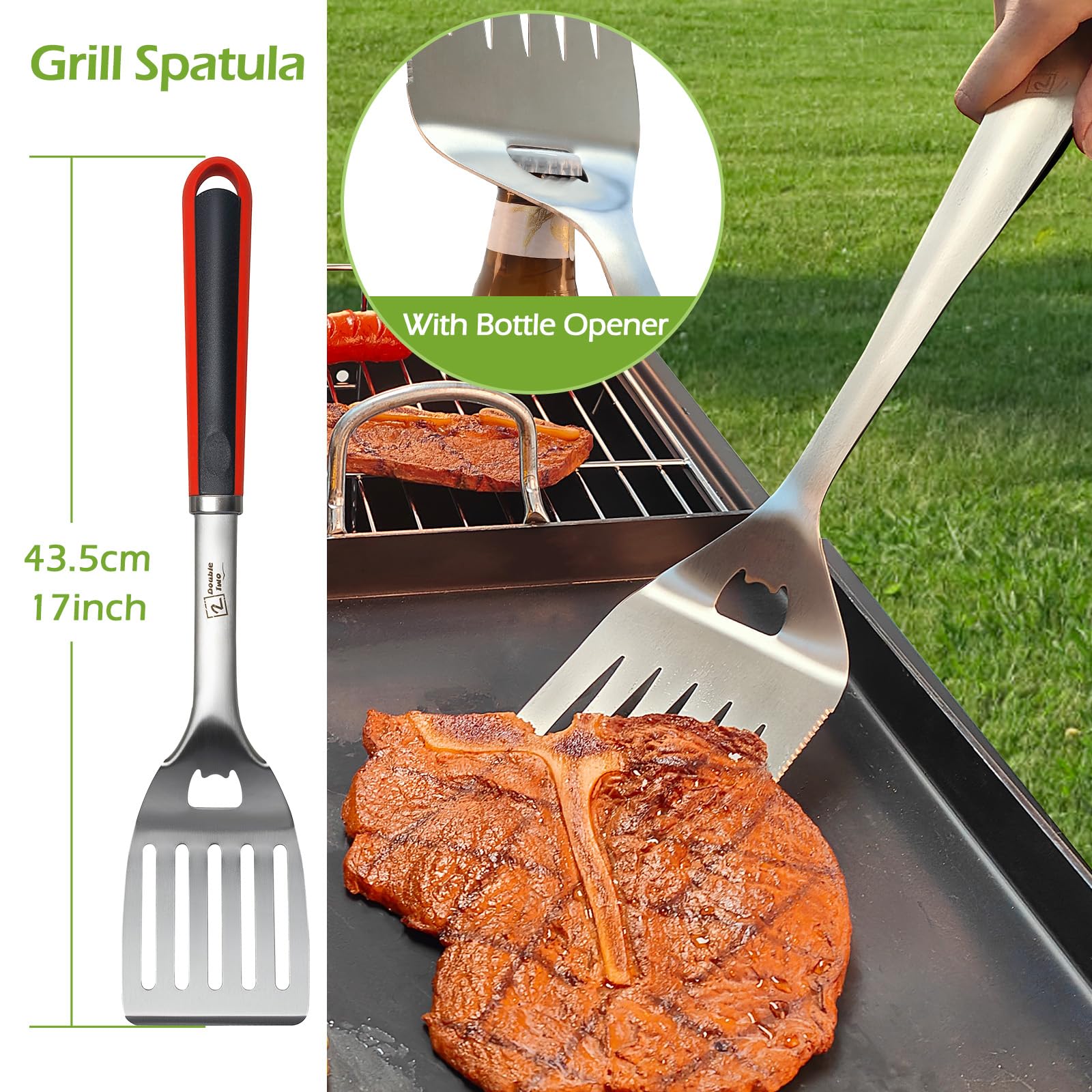 Double Two 4-Piece Stainless Steel BBQ Tool Set - Tong, Fork, Spatula, Brush - Utensils for Grill - Tools for Outdoor Grilling- BBQ Kits - CookCave