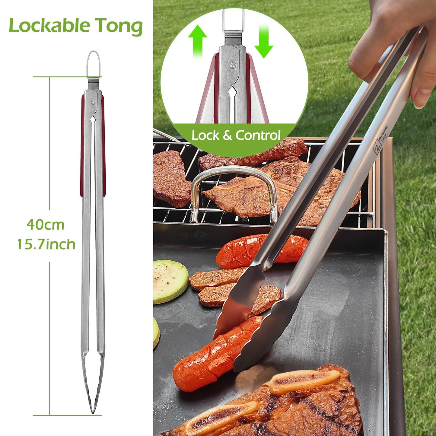 Double Two 4-Piece Stainless Steel BBQ Tool Set - Tong, Fork, Spatula, Brush - Utensils for Grill - Tools for Outdoor Grilling- BBQ Kits - CookCave