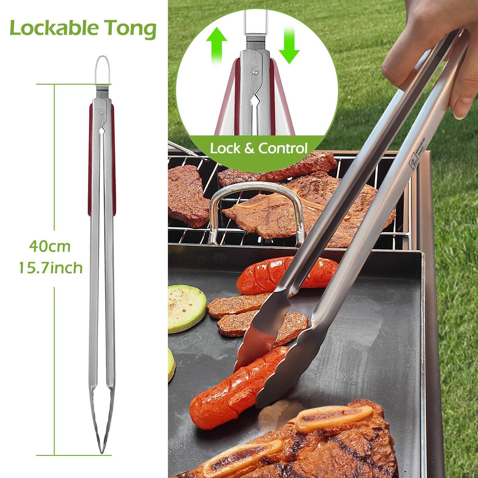 Double Two 4-Piece Stainless Steel BBQ Tool Set - Tong, Fork, Spatula, Brush - Utensils for Grill - Tools for Outdoor Grilling- BBQ Kits - CookCave