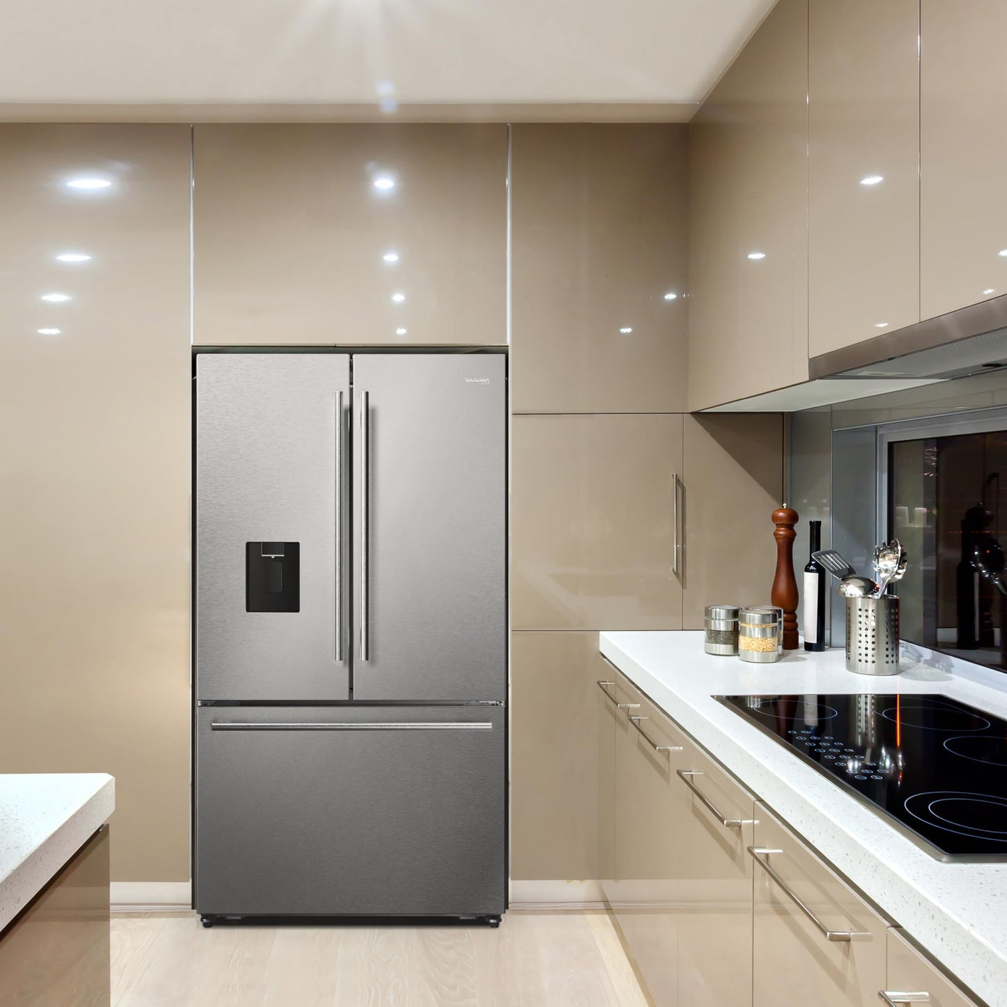 DUURA Elite DE210FDBMDSS Refrigerator Built in with French Doors Adjustable Glass Shelves Dual Drawer Bottom Freezer with Ice Maker, LED Interior Light and Stainless Steel Exterior, 36-Inch, Metallic - CookCave