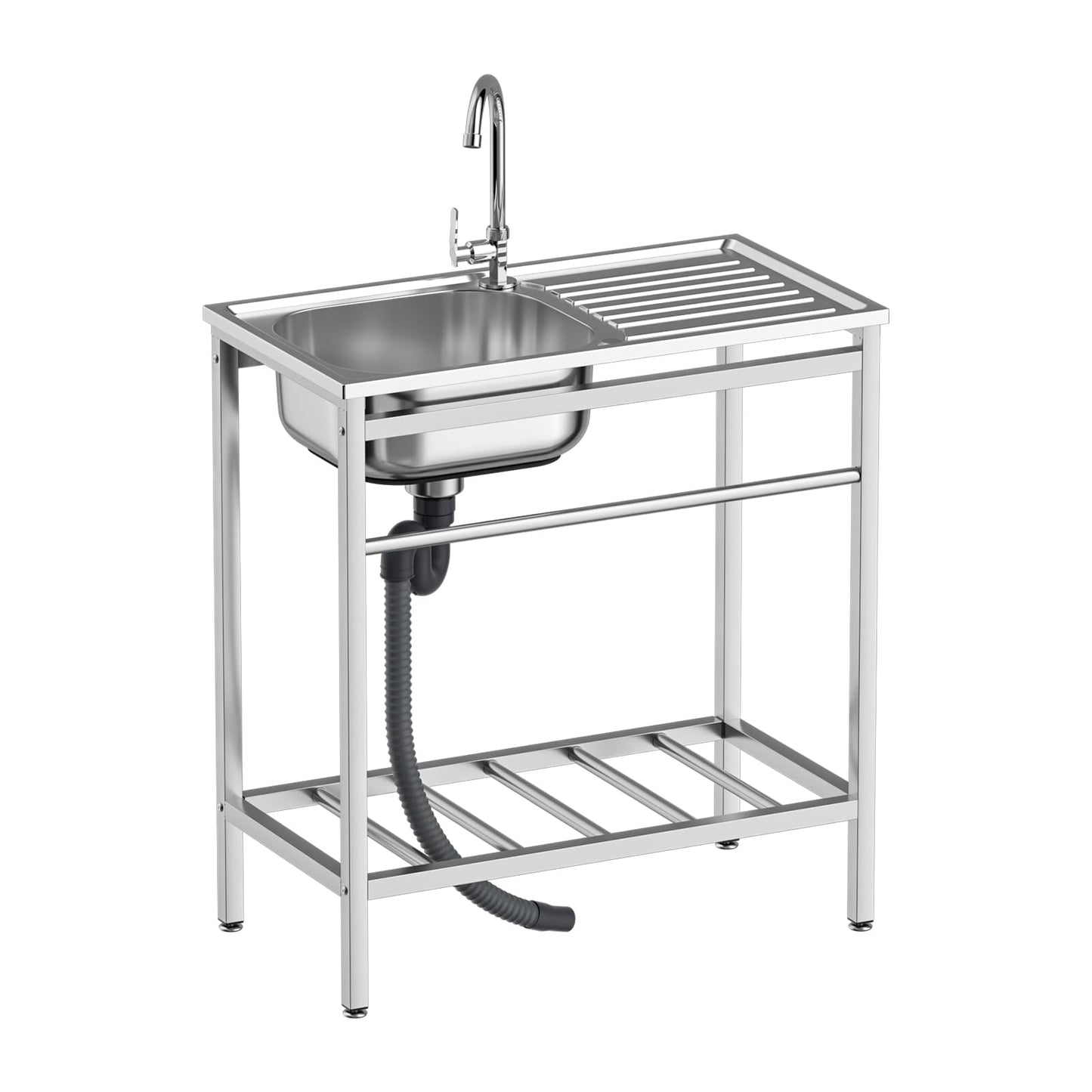 DuyviSteil Free Standing Stainless Steel Sink, Single Bowl Washing Hand Basin Station Sink, Portable Utility Sinks with Hot and Cold Faucet & Shelves for Camping, Garage, Kitchen, Backyard Handwashing - CookCave