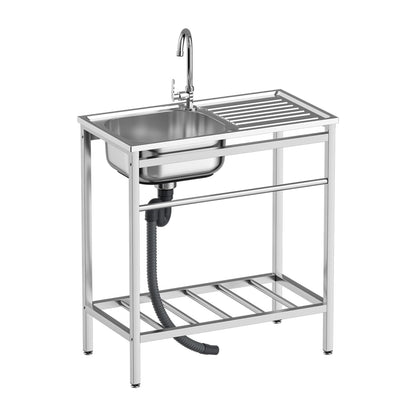 DuyviSteil Free Standing Stainless Steel Sink, Single Bowl Washing Hand Basin Station Sink, Portable Utility Sinks with Hot and Cold Faucet & Shelves for Camping, Garage, Kitchen, Backyard Handwashing - CookCave