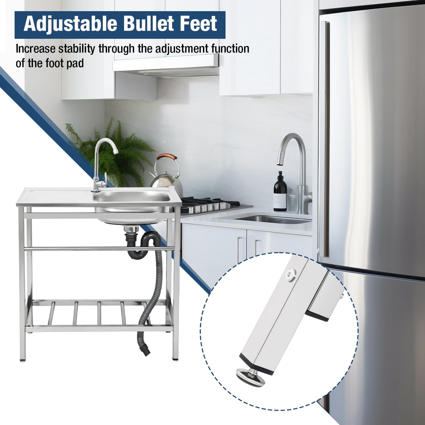 DuyviSteil Free Standing Stainless Steel Sink, Single Bowl Washing Hand Basin Station Sink, Portable Utility Sinks with Hot and Cold Faucet & Shelves for Camping, Garage, Kitchen, Backyard Handwashing - CookCave