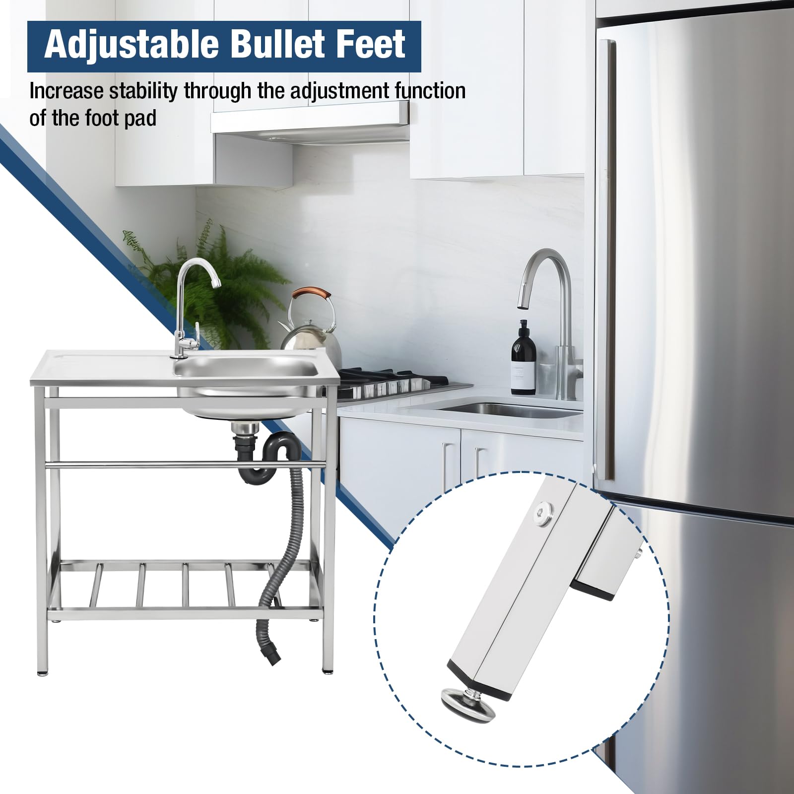 DuyviSteil Free Standing Stainless Steel Sink, Single Bowl Washing Hand Basin Station Sink, Portable Utility Sinks with Hot and Cold Faucet & Shelves for Camping, Garage, Kitchen, Backyard Handwashing - CookCave