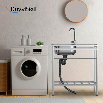 DuyviSteil Free Standing Stainless Steel Sink, Single Bowl Washing Hand Basin Station Sink, Portable Utility Sinks with Hot and Cold Faucet & Shelves for Camping, Garage, Kitchen, Backyard Handwashing - CookCave