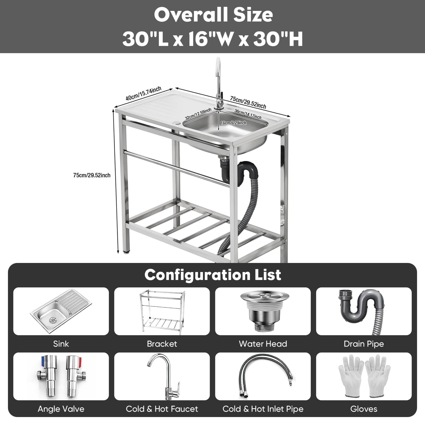 DuyviSteil Free Standing Stainless Steel Sink, Single Bowl Washing Hand Basin Station Sink, Portable Utility Sinks with Hot and Cold Faucet & Shelves for Camping, Garage, Kitchen, Backyard Handwashing - CookCave
