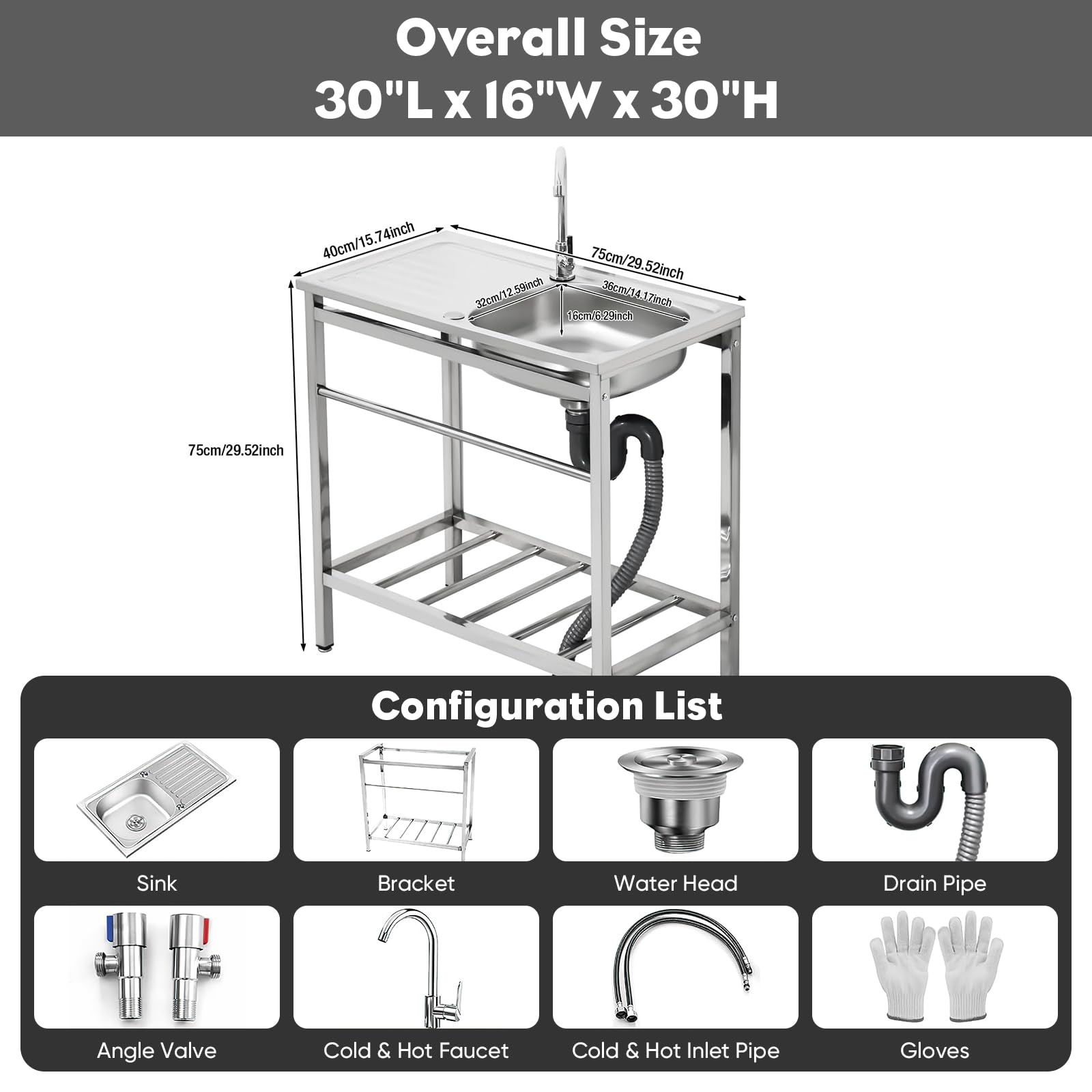 DuyviSteil Free Standing Stainless Steel Sink, Single Bowl Washing Hand Basin Station Sink, Portable Utility Sinks with Hot and Cold Faucet & Shelves for Camping, Garage, Kitchen, Backyard Handwashing - CookCave