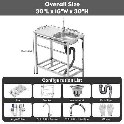 DuyviSteil Free Standing Stainless Steel Sink, Single Bowl Washing Hand Basin Station Sink, Portable Utility Sinks with Hot and Cold Faucet & Shelves for Camping, Garage, Kitchen, Backyard Handwashing - CookCave
