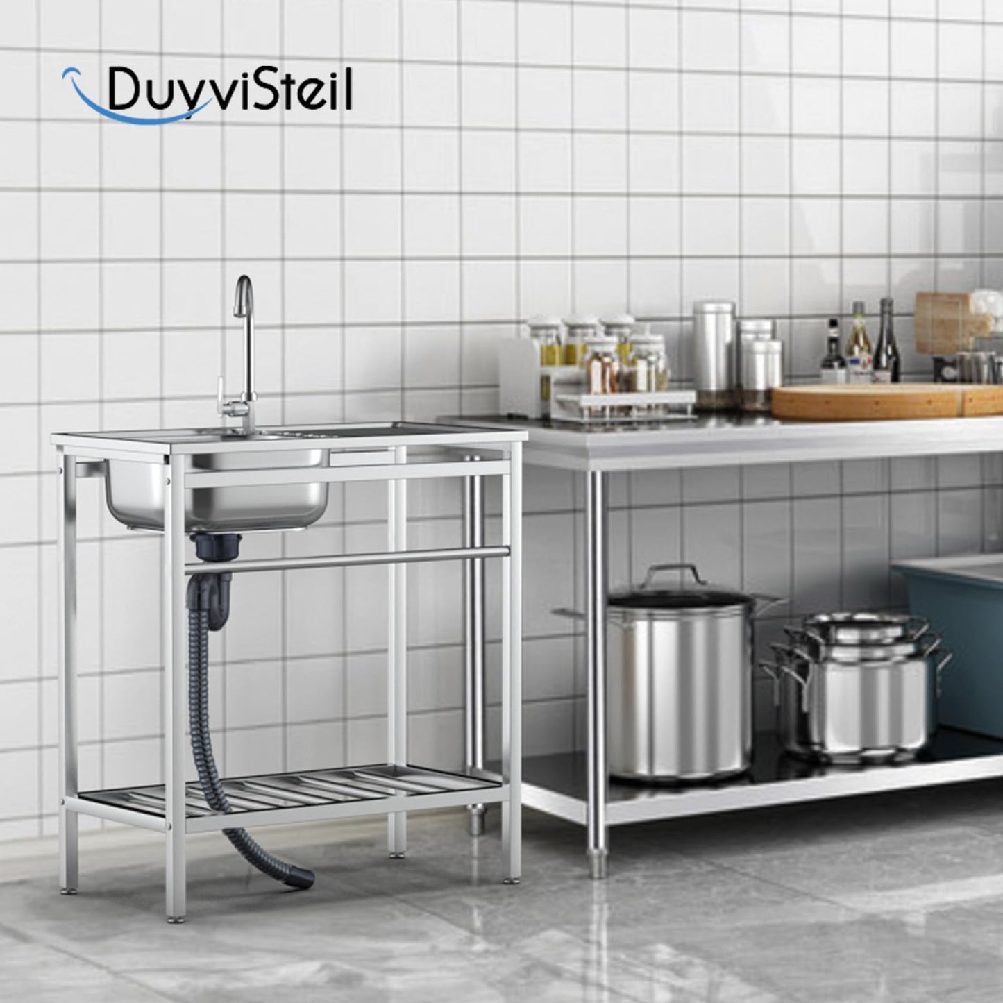 DuyviSteil Free Standing Stainless Steel Sink, Single Bowl Washing Hand Basin Station Sink, Portable Utility Sinks with Hot and Cold Faucet & Shelves for Camping, Garage, Kitchen, Backyard Handwashing - CookCave