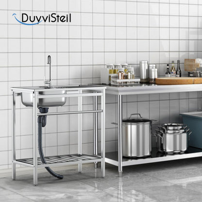 DuyviSteil Free Standing Stainless Steel Sink, Single Bowl Washing Hand Basin Station Sink, Portable Utility Sinks with Hot and Cold Faucet & Shelves for Camping, Garage, Kitchen, Backyard Handwashing - CookCave