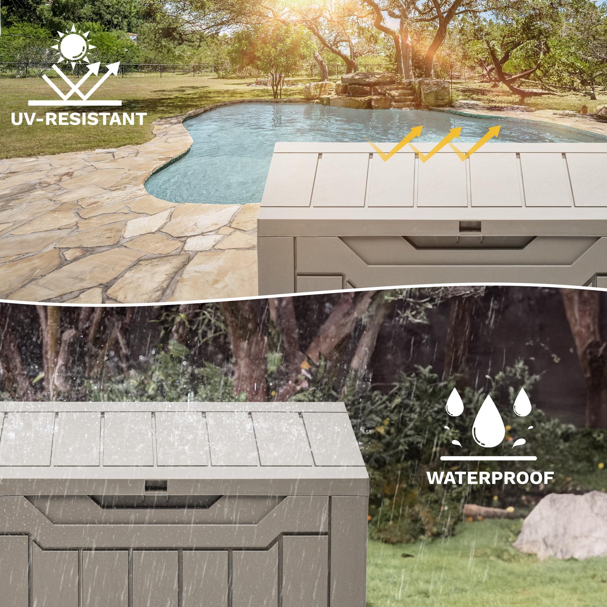 DWVO 30 Gallon Outdoor Storage Box, Weatherproof Lockable Resin Deck Box for Patio Furniture, Pool Accessories, Garden Tools, and Supplies - Brown - CookCave