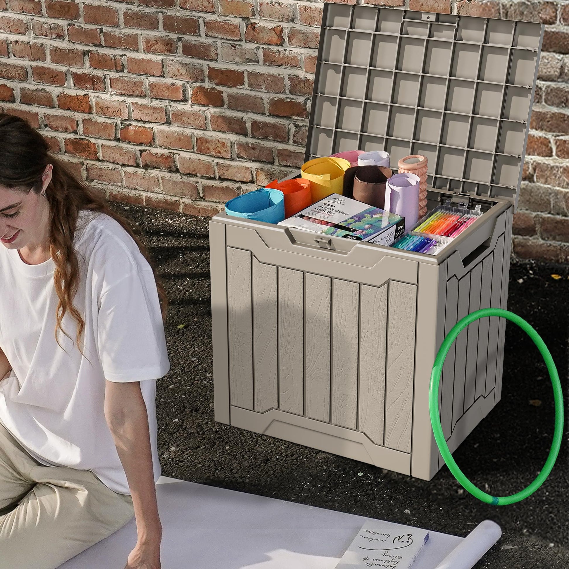 DWVO 30 Gallon Outdoor Storage Box, Weatherproof Lockable Resin Deck Box for Patio Furniture, Pool Accessories, Garden Tools, and Supplies - Brown - CookCave