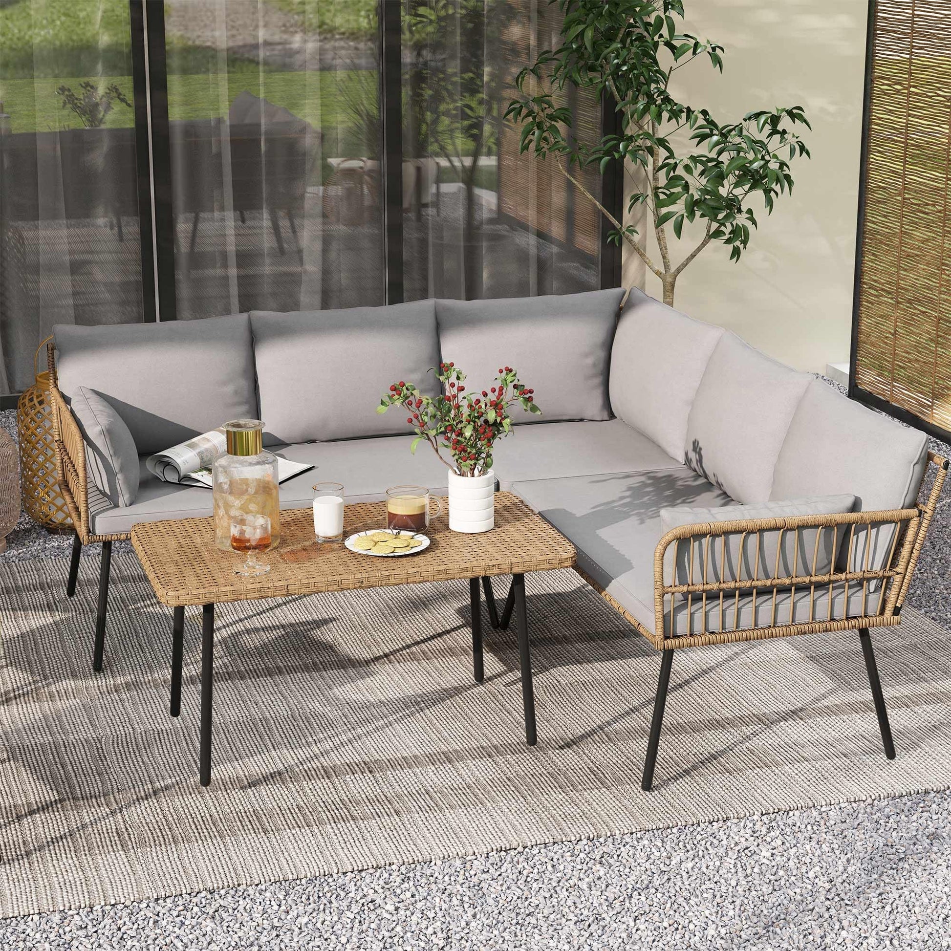 DWVO 4-Piece Outdoor Sectional Sofa Set, All-Weather Wicker L-Shaped 5-Seater Patio Furniture with Removable Cushions & Side Table, Boho Conversation Set for Backyard, Porch, Deck (Grey) - CookCave