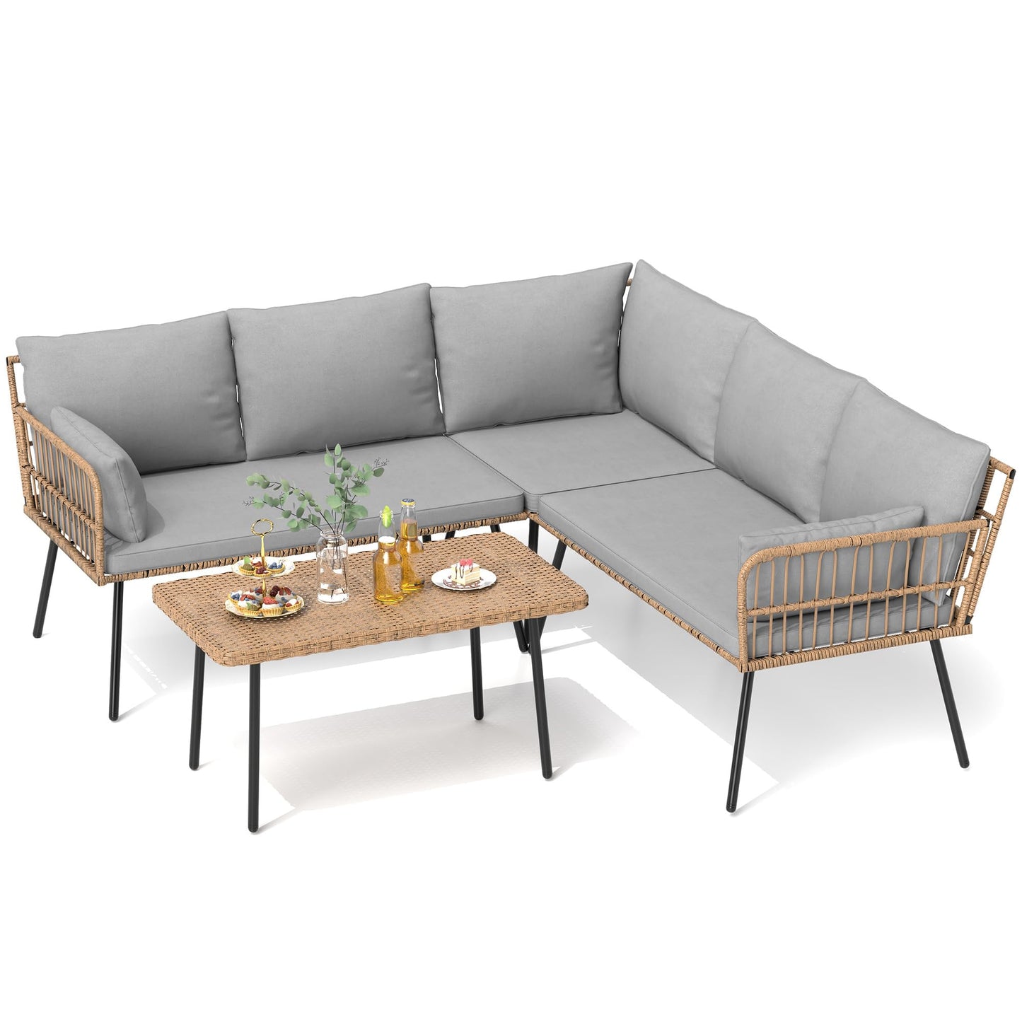 DWVO 4-Piece Outdoor Sectional Sofa Set, All-Weather Wicker L-Shaped 5-Seater Patio Furniture with Removable Cushions & Side Table, Boho Conversation Set for Backyard, Porch, Deck (Grey) - CookCave