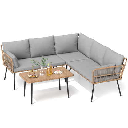 DWVO 4-Piece Outdoor Sectional Sofa Set, All-Weather Wicker L-Shaped 5-Seater Patio Furniture with Removable Cushions & Side Table, Boho Conversation Set for Backyard, Porch, Deck (Grey) - CookCave