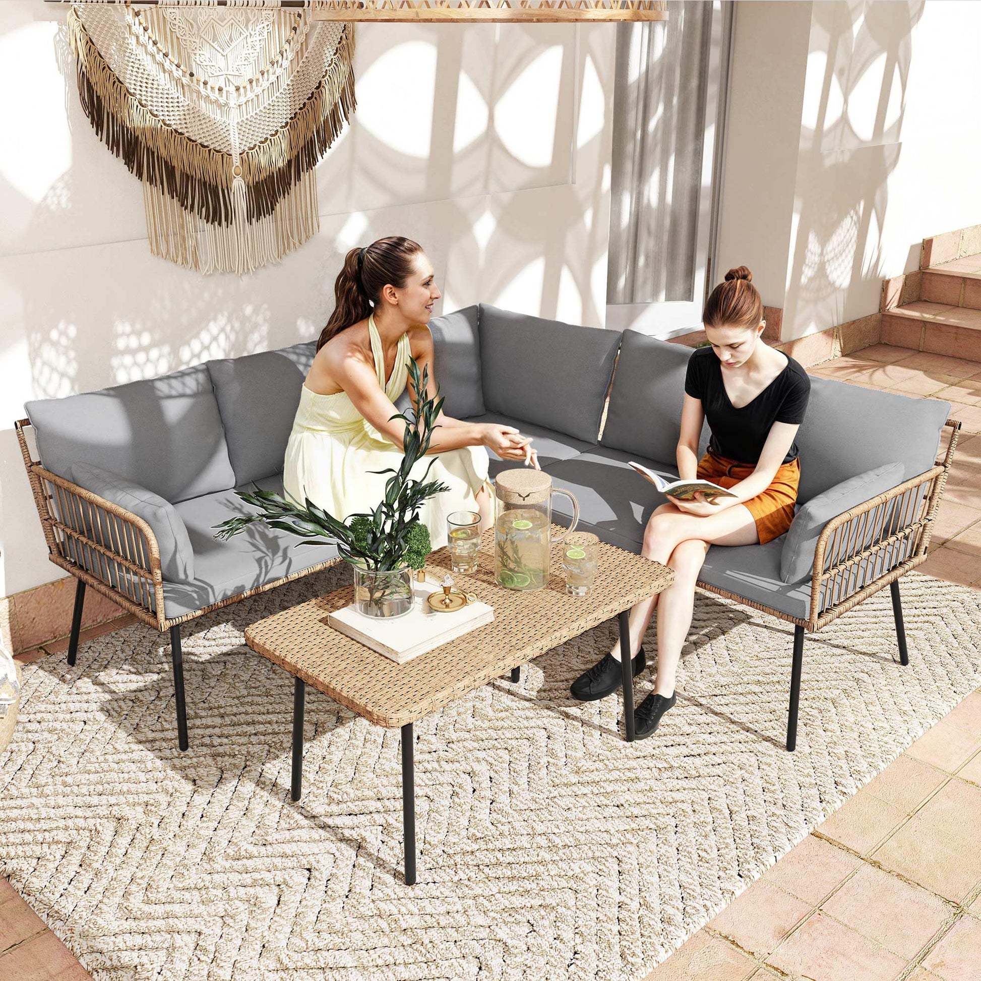 DWVO 4-Piece Outdoor Sectional Sofa Set, All-Weather Wicker L-Shaped 5-Seater Patio Furniture with Removable Cushions & Side Table, Boho Conversation Set for Backyard, Porch, Deck (Grey) - CookCave
