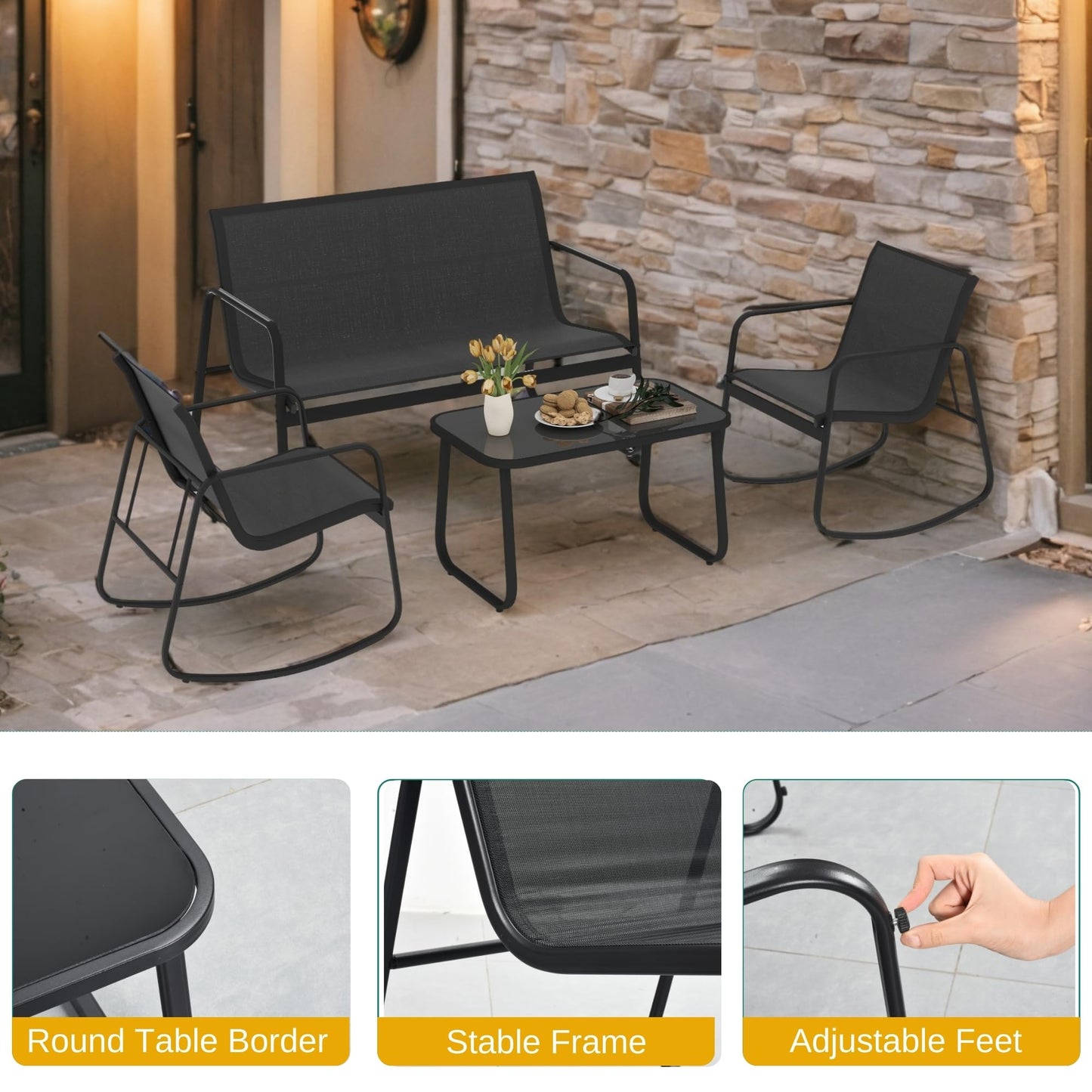 DWVO 4-Piece Patio Furniture Set, Textilene Conversation Set with 2 Rocking Chairs and Tempered Glass Coffee Table, Perfect for Indoor Patio Lawn Garden Poolside, Black - CookCave