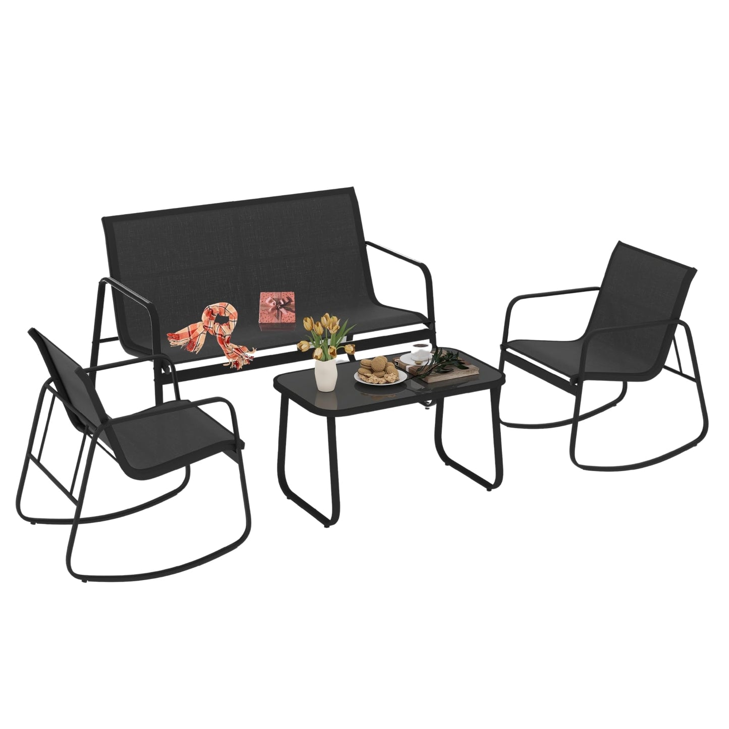 DWVO 4-Piece Patio Furniture Set, Textilene Conversation Set with 2 Rocking Chairs and Tempered Glass Coffee Table, Perfect for Indoor Patio Lawn Garden Poolside, Black - CookCave