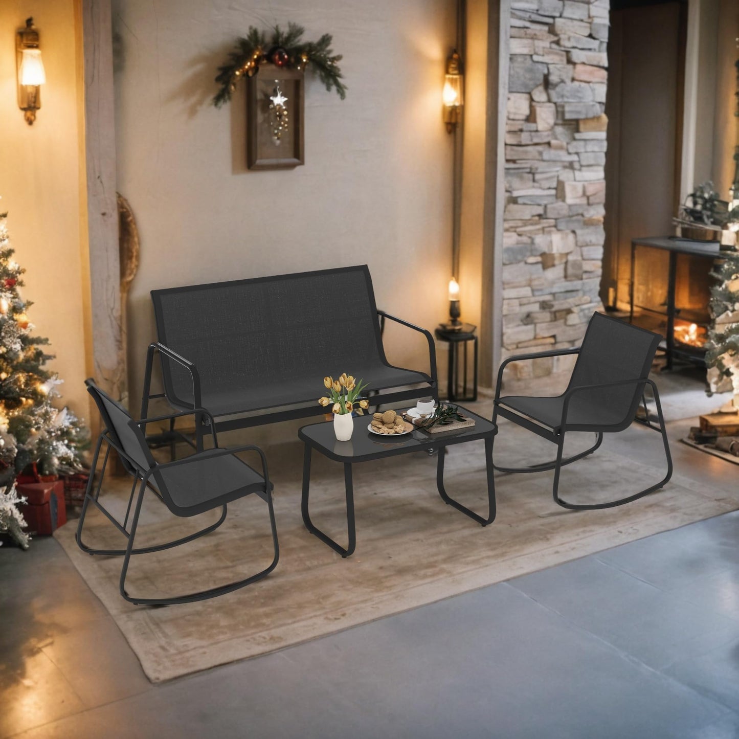 DWVO 4-Piece Patio Furniture Set, Textilene Conversation Set with 2 Rocking Chairs and Tempered Glass Coffee Table, Perfect for Indoor Patio Lawn Garden Poolside, Black - CookCave