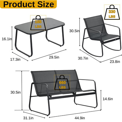 DWVO 4-Piece Patio Furniture Set, Textilene Conversation Set with 2 Rocking Chairs and Tempered Glass Coffee Table, Perfect for Indoor Patio Lawn Garden Poolside, Black - CookCave