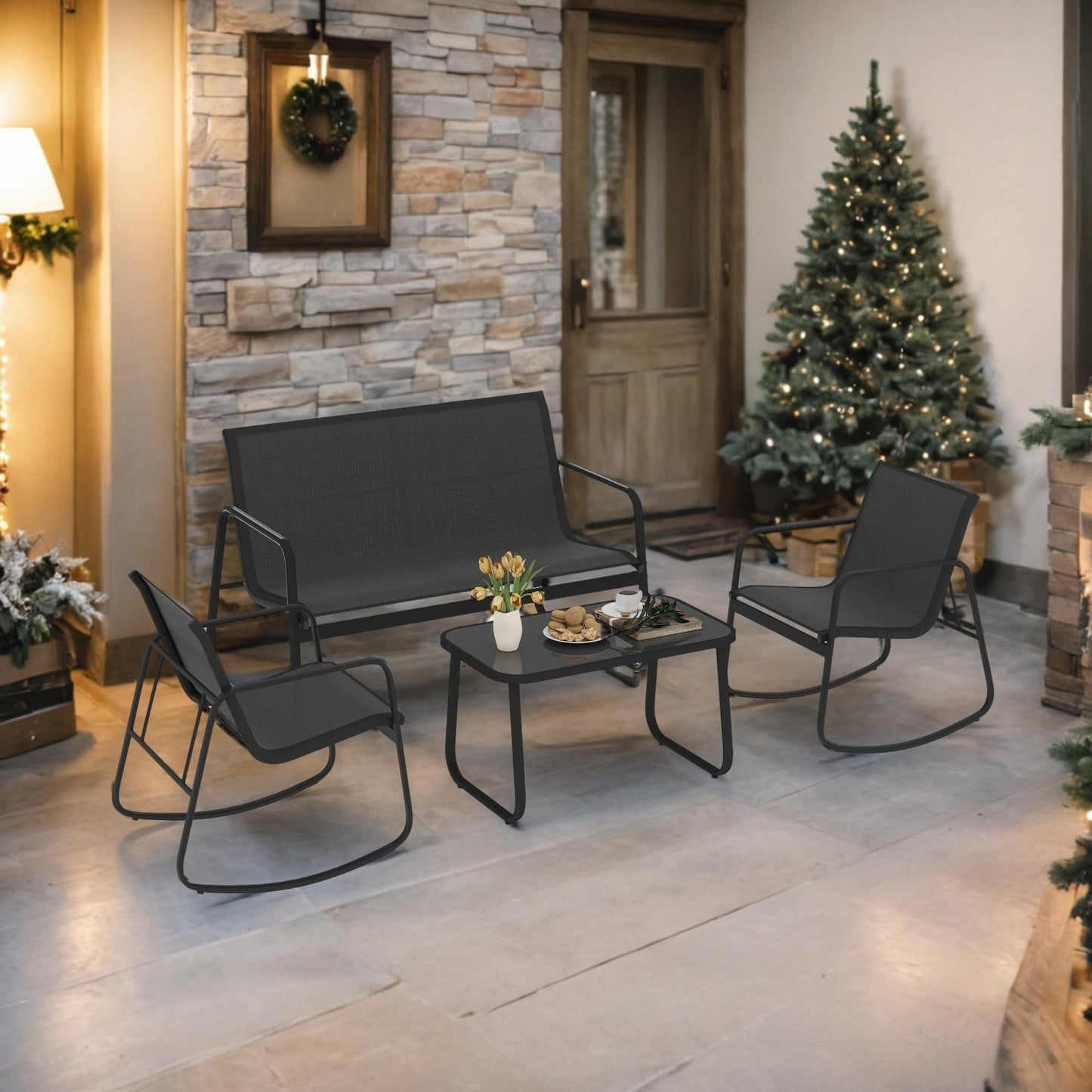 DWVO 4-Piece Patio Furniture Set, Textilene Conversation Set with 2 Rocking Chairs and Tempered Glass Coffee Table, Perfect for Indoor Patio Lawn Garden Poolside, Black - CookCave