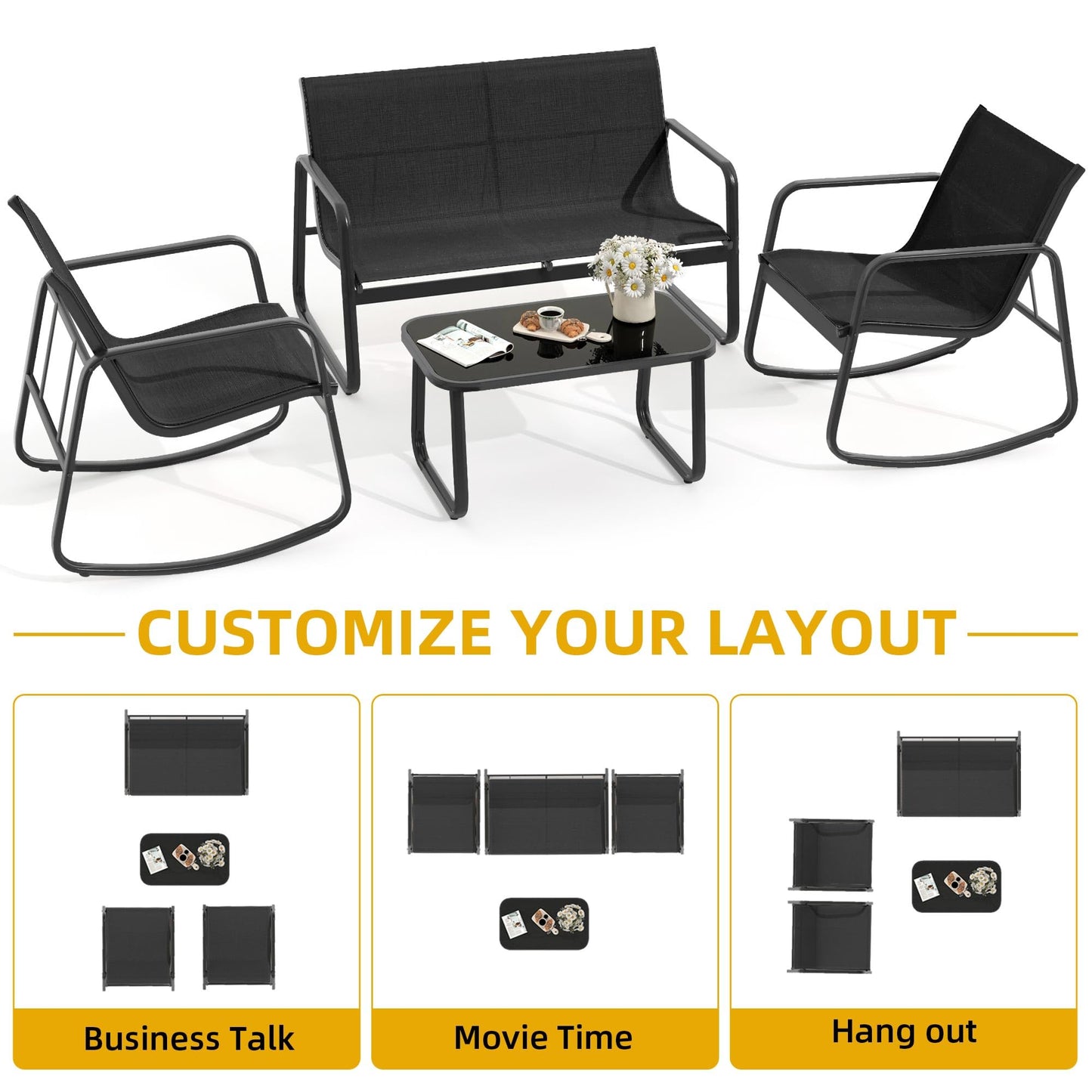 DWVO 4-Piece Patio Furniture Set, Textilene Conversation Set with 2 Rocking Chairs and Tempered Glass Coffee Table, Perfect for Indoor Patio Lawn Garden Poolside, Black - CookCave