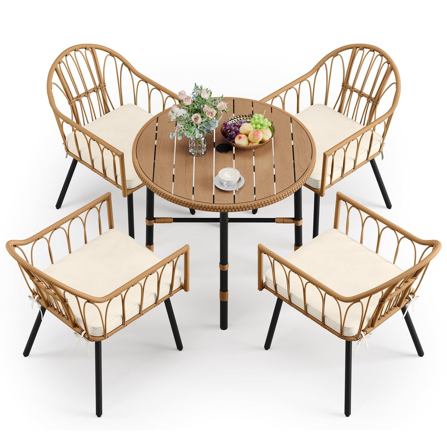 DWVO 5 Piece Patio Dining Sets, Outdoor Dining Furniture Set with 2" Umbrella Hole, Wicker Rattan Round Table and Chairs Set with Comfortable Cushions for Patio, Balcony, Backyard, Beige - CookCave