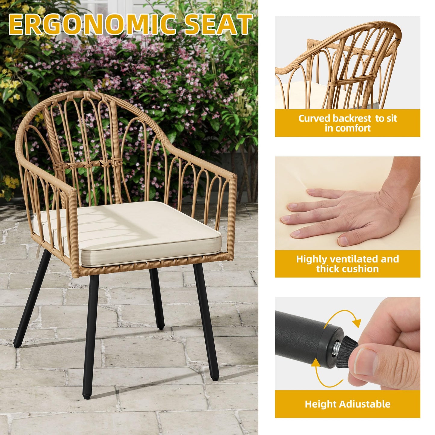 DWVO 5 Piece Patio Dining Sets, Outdoor Dining Furniture Set with 2" Umbrella Hole, Wicker Rattan Round Table and Chairs Set with Comfortable Cushions for Patio, Balcony, Backyard, Beige - CookCave