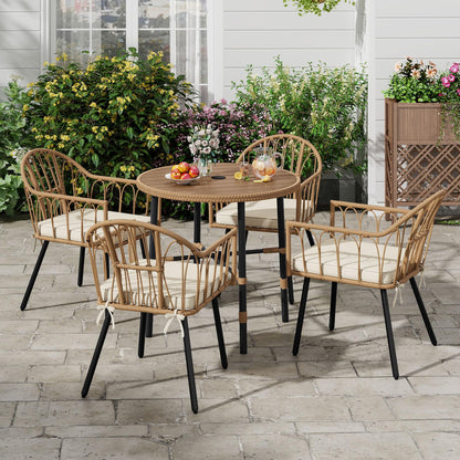 DWVO 5 Piece Patio Dining Sets, Outdoor Dining Furniture Set with 2" Umbrella Hole, Wicker Rattan Round Table and Chairs Set with Comfortable Cushions for Patio, Balcony, Backyard, Beige - CookCave
