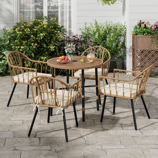 DWVO 5 Piece Patio Dining Sets, Outdoor Dining Furniture Set with 2" Umbrella Hole, Wicker Rattan Round Table and Chairs Set with Comfortable Cushions for Patio, Balcony, Backyard, Beige - CookCave