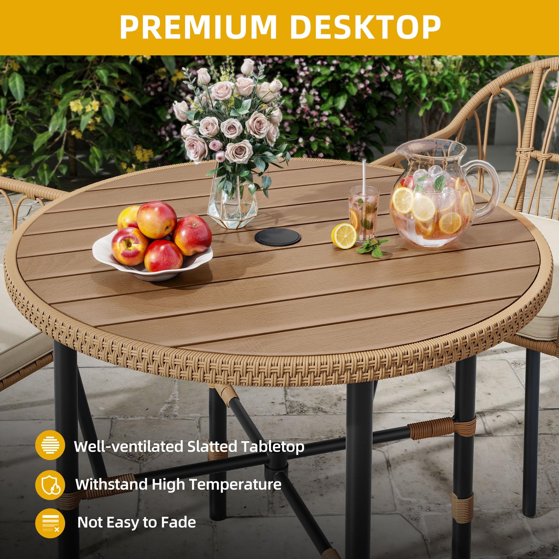 DWVO 5 Piece Patio Dining Sets, Outdoor Dining Furniture Set with 2" Umbrella Hole, Wicker Rattan Round Table and Chairs Set with Comfortable Cushions for Patio, Balcony, Backyard, Beige - CookCave