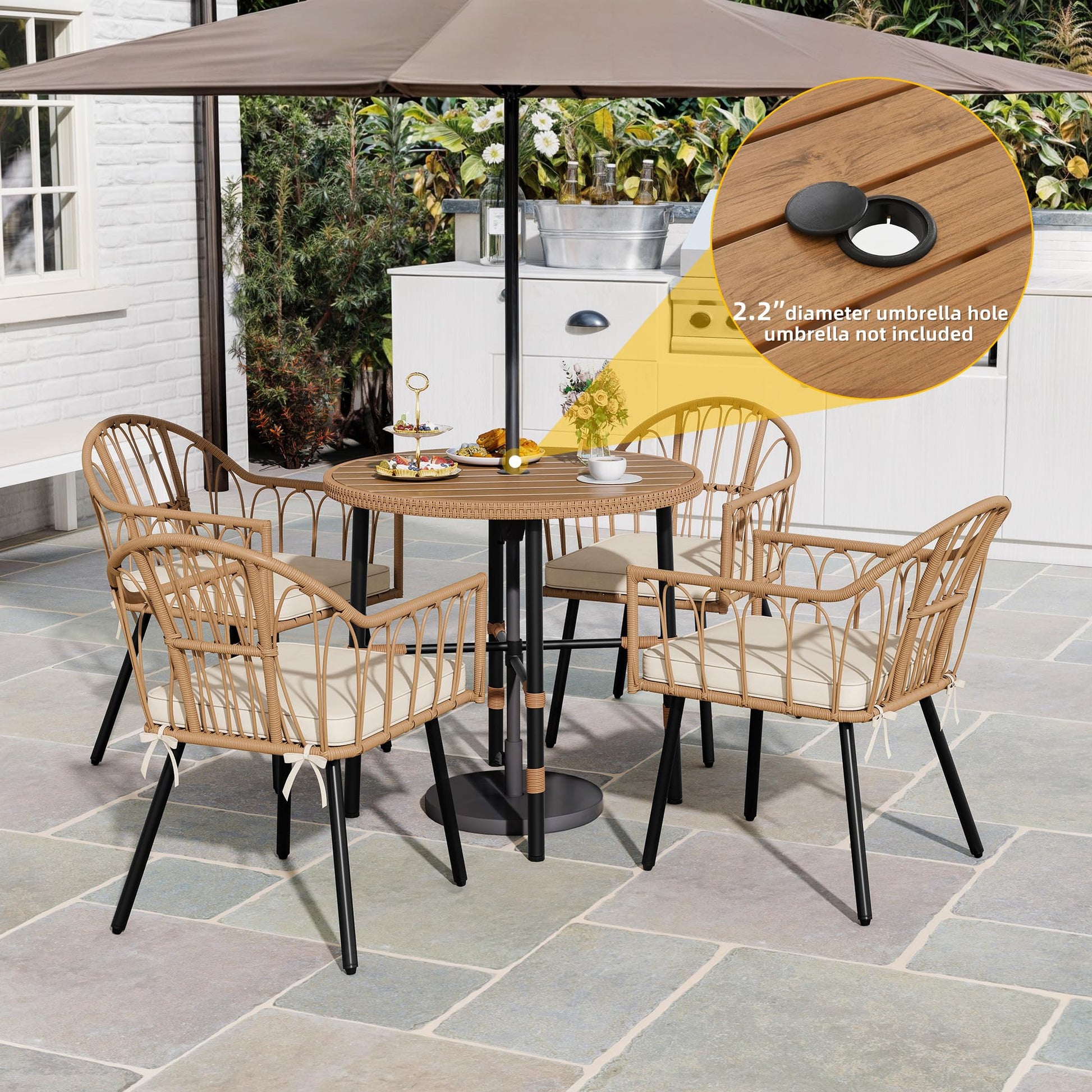 DWVO 5 Piece Patio Dining Sets, Outdoor Dining Furniture Set with 2" Umbrella Hole, Wicker Rattan Round Table and Chairs Set with Comfortable Cushions for Patio, Balcony, Backyard, Beige - CookCave